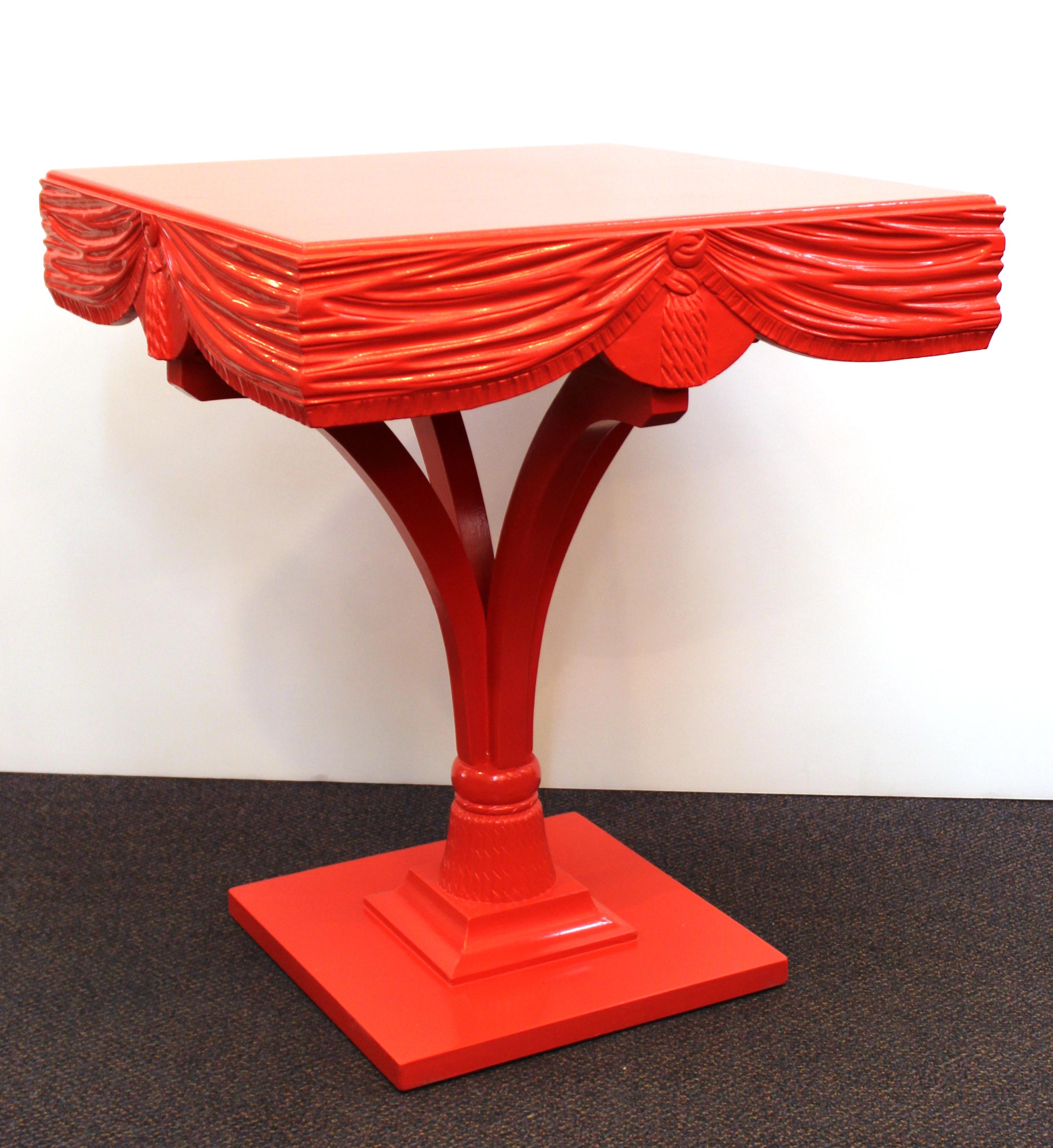 Carved Hollywood Regency Red Side Tables with Sculpted Wood Drapery