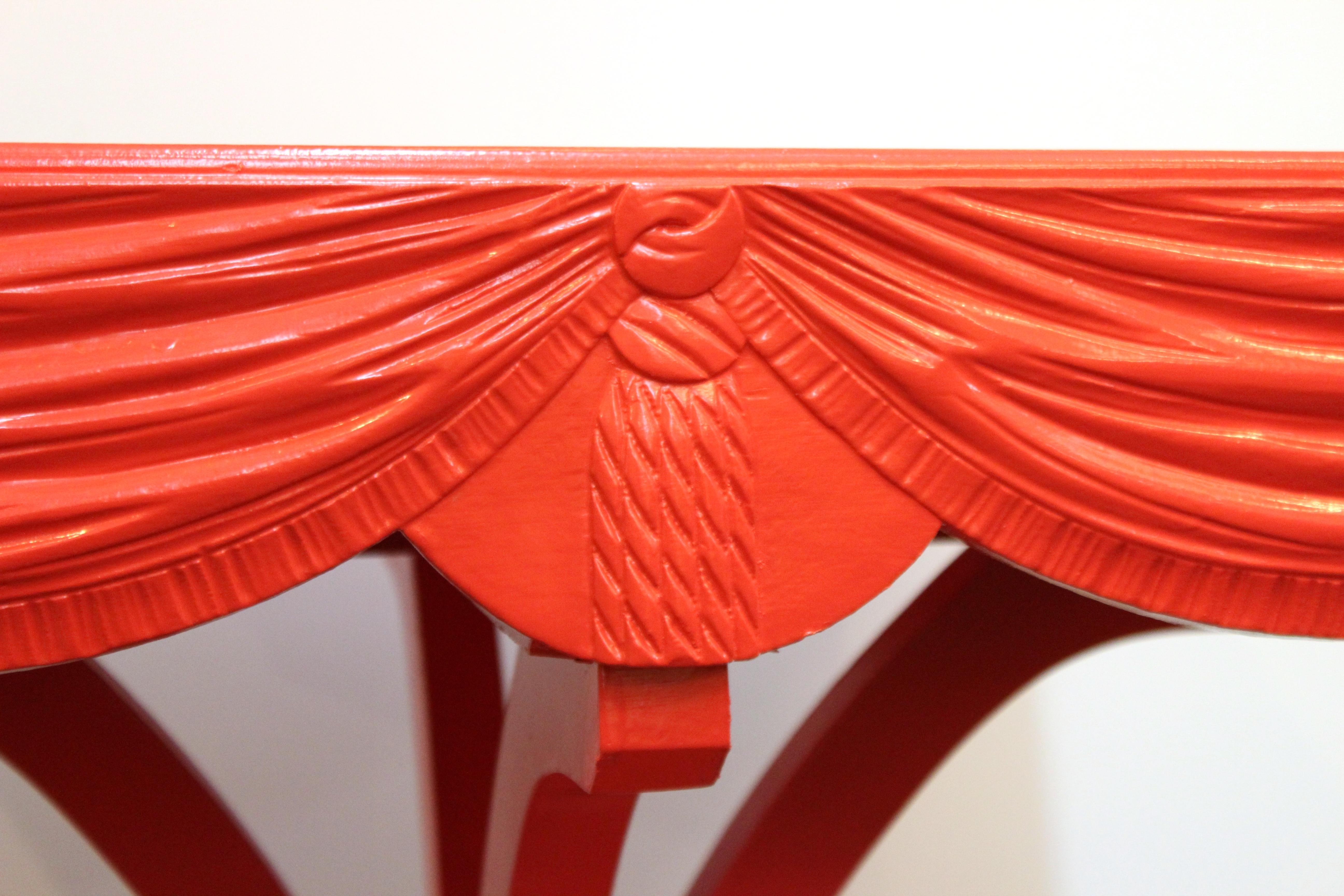 Hollywood Regency Red Side Tables with Sculpted Wood Drapery 1