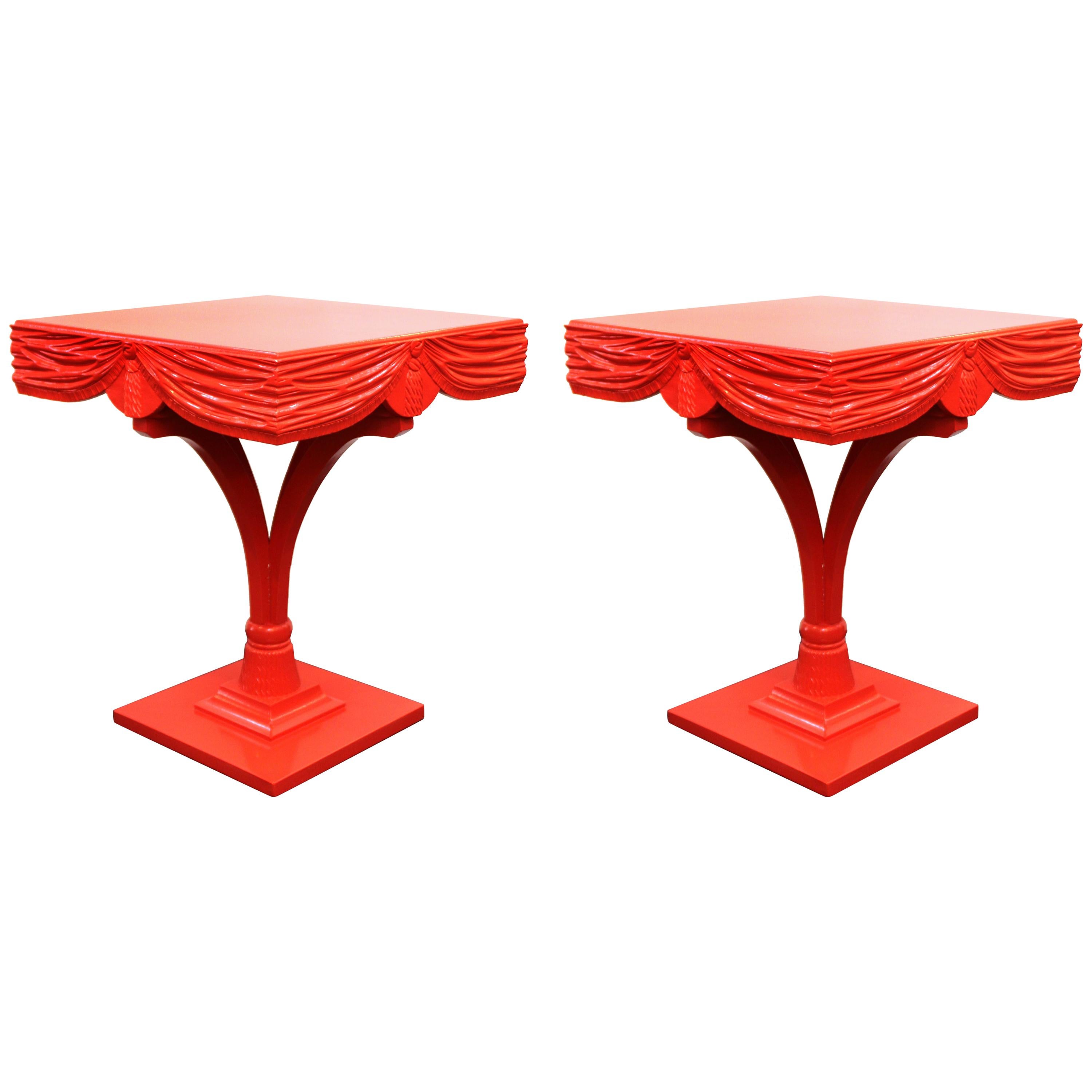 Hollywood Regency Red Side Tables with Sculpted Wood Drapery