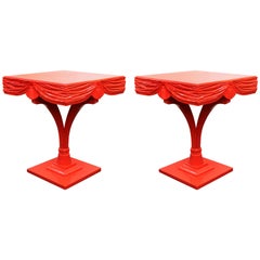 Hollywood Regency Red Side Tables with Sculpted Wood Drapery