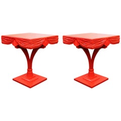 Hollywood Regency Red Side Tables with Sculpted Wood Drapery