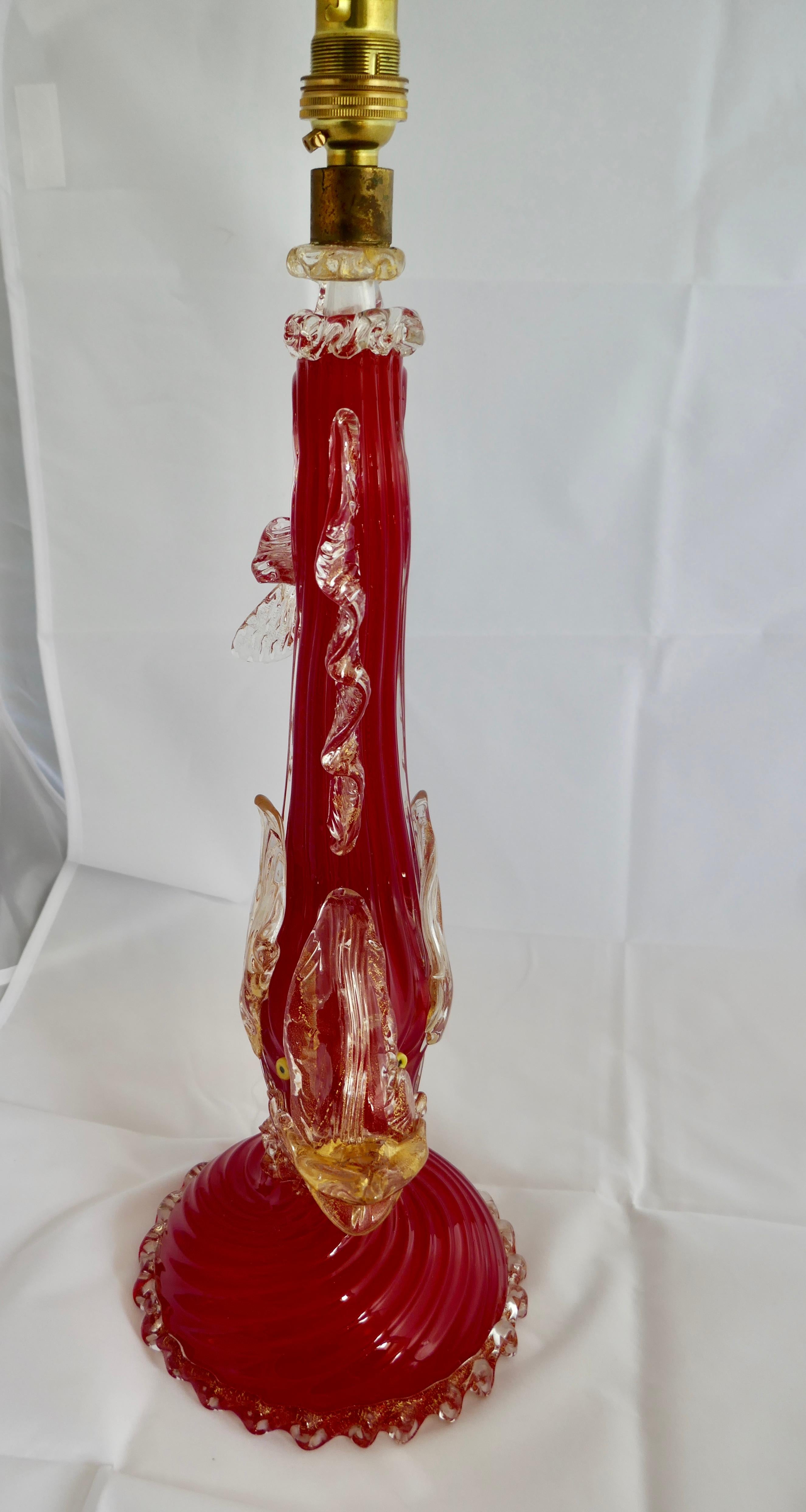 Hollywood Regency Red Venetian Murano Glass Fish/Dolphin Glass Table Lamp 3