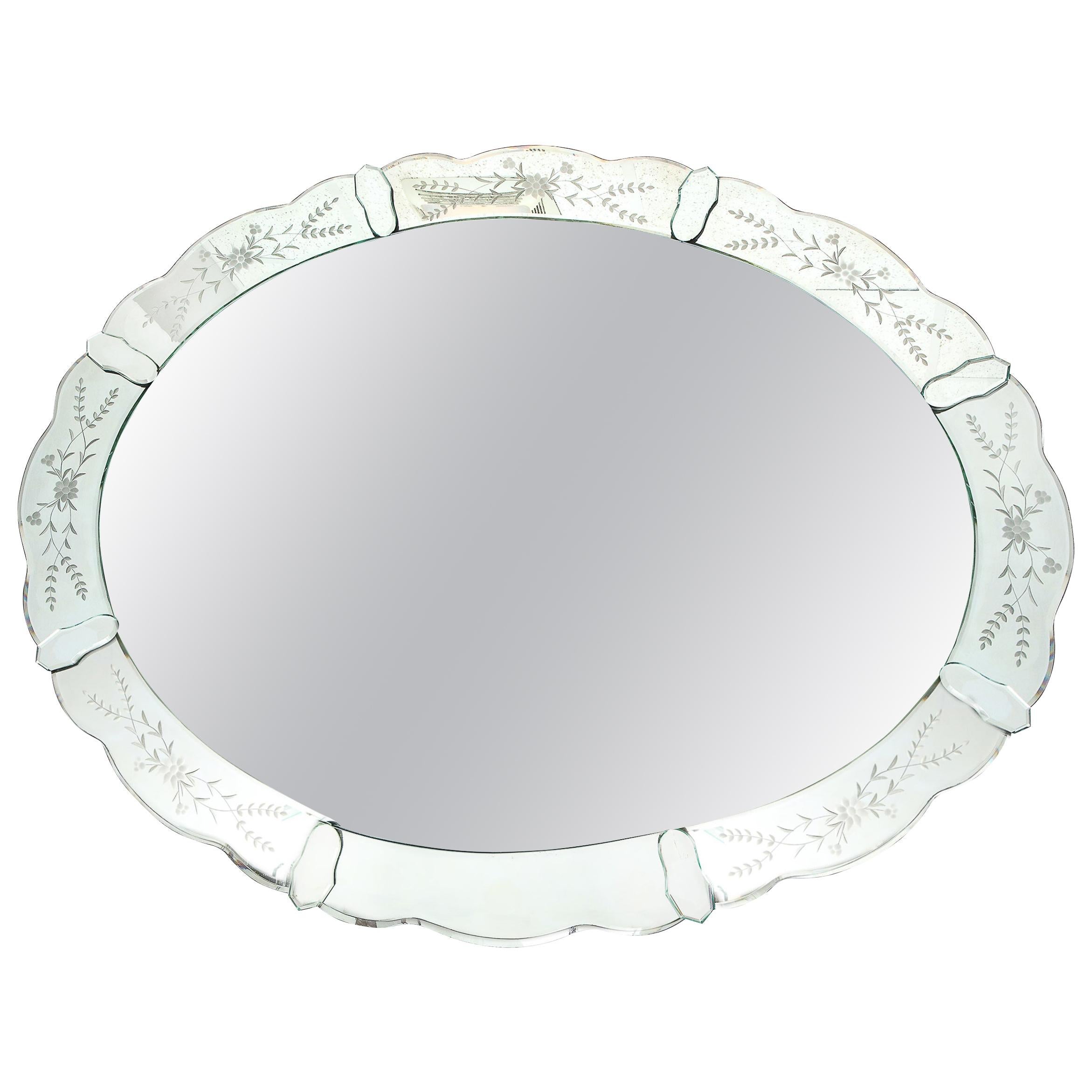 Hollywood Regency Reverse Etched Mirror w/ Floral Detailing & Mirrored Appliques