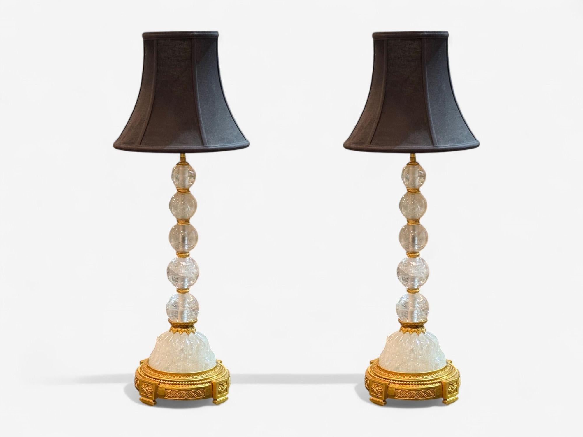 Français Hollywood Regency, Rock Crystal, Bronze, Table Lamps, France, 1960s en vente