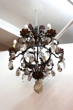 Hollywood Regency Rock Crystal Chandelier with Carved Apples and Pears