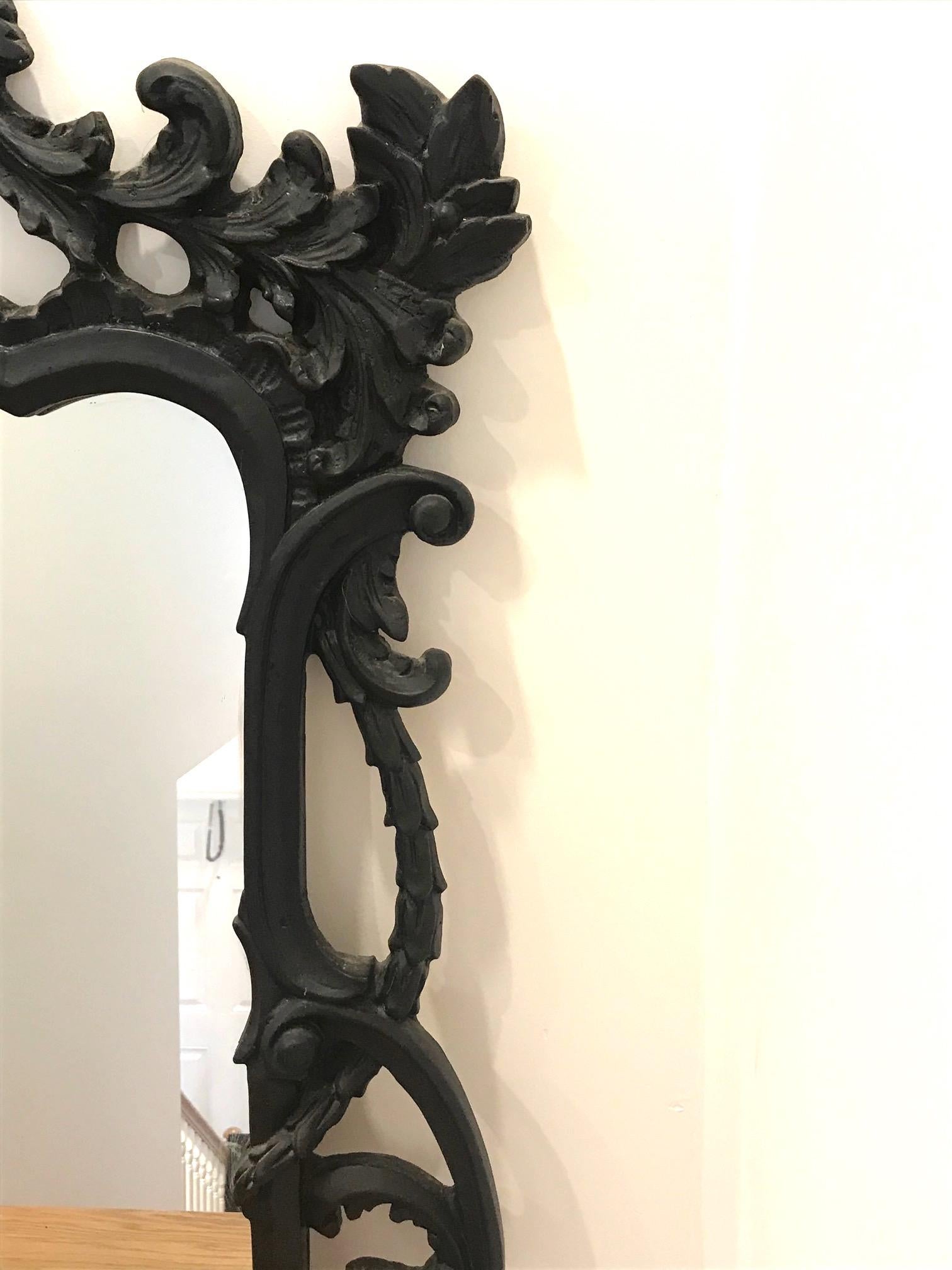 Hollywood Regency Rococo Mirror in Black Carved Wood, Italy C. 1970's For Sale 1