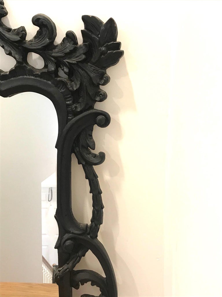 Hollywood Regency Rococo Mirror with Carved Wood Frame in Black, Italy C. 1970's For Sale 4