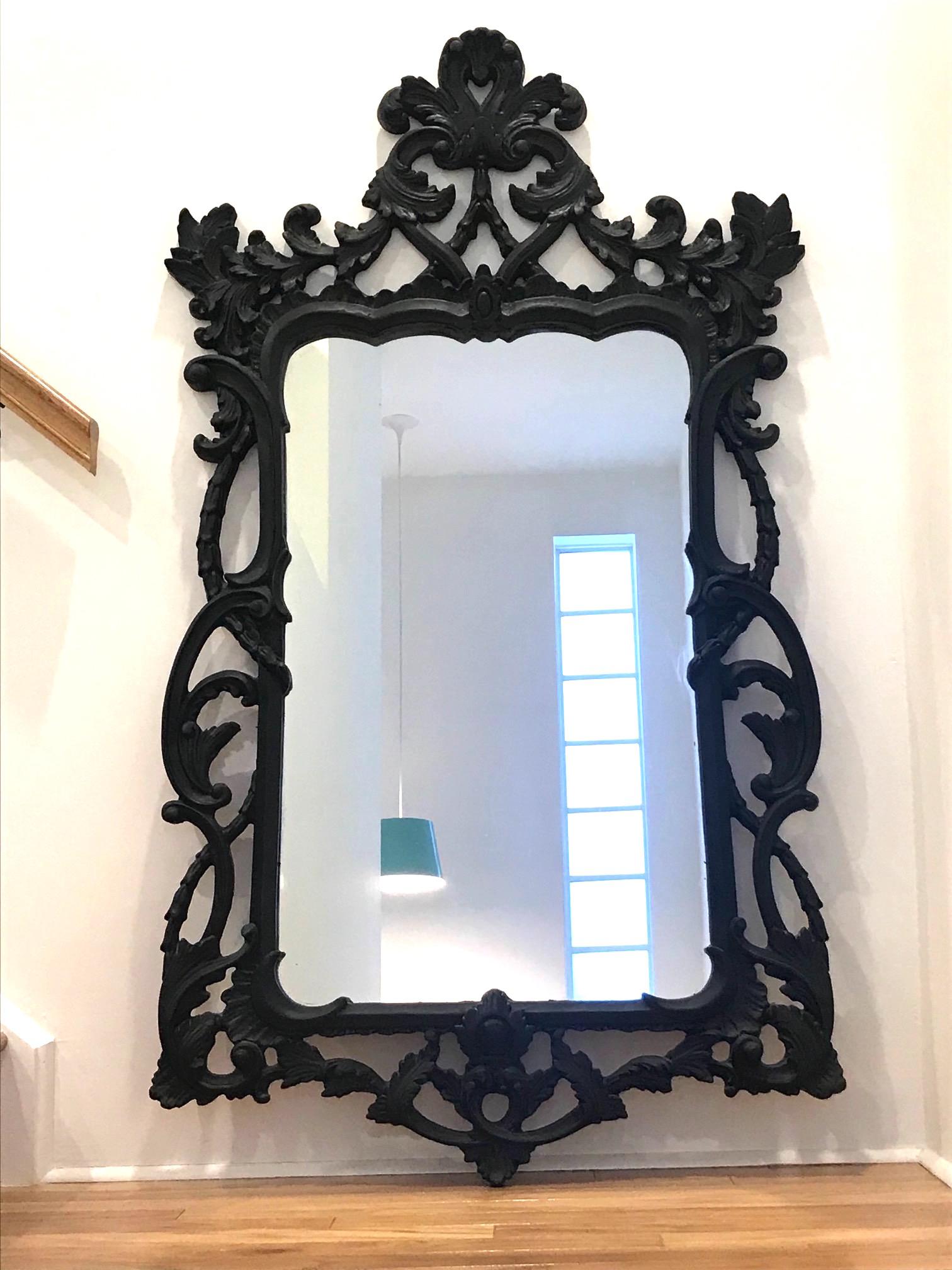 Hollywood Regency Rococo Mirror in Black Carved Wood, Italy C. 1970's For Sale 2