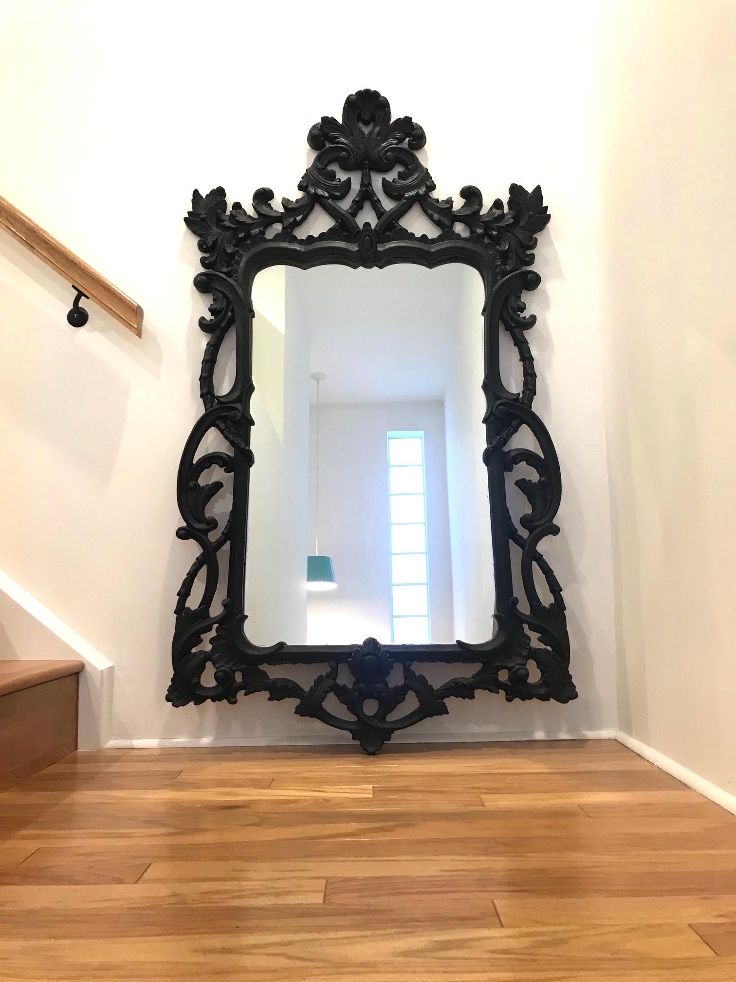 Hollywood Regency Rococo Mirror in Black Carved Wood, Italy C. 1970's For Sale 3