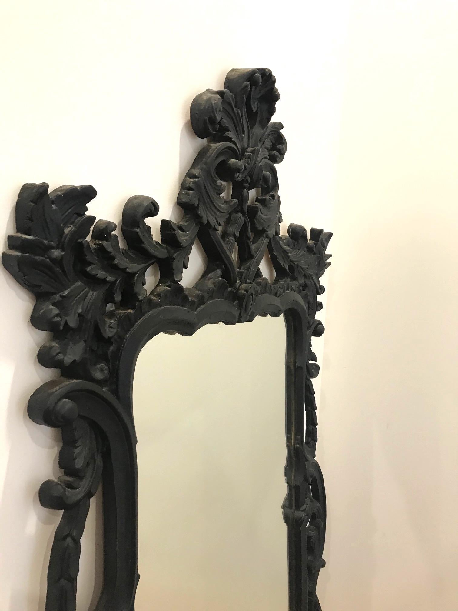 Italian Hollywood Regency Rococo Mirror in Black Carved Wood, Italy C. 1970's For Sale