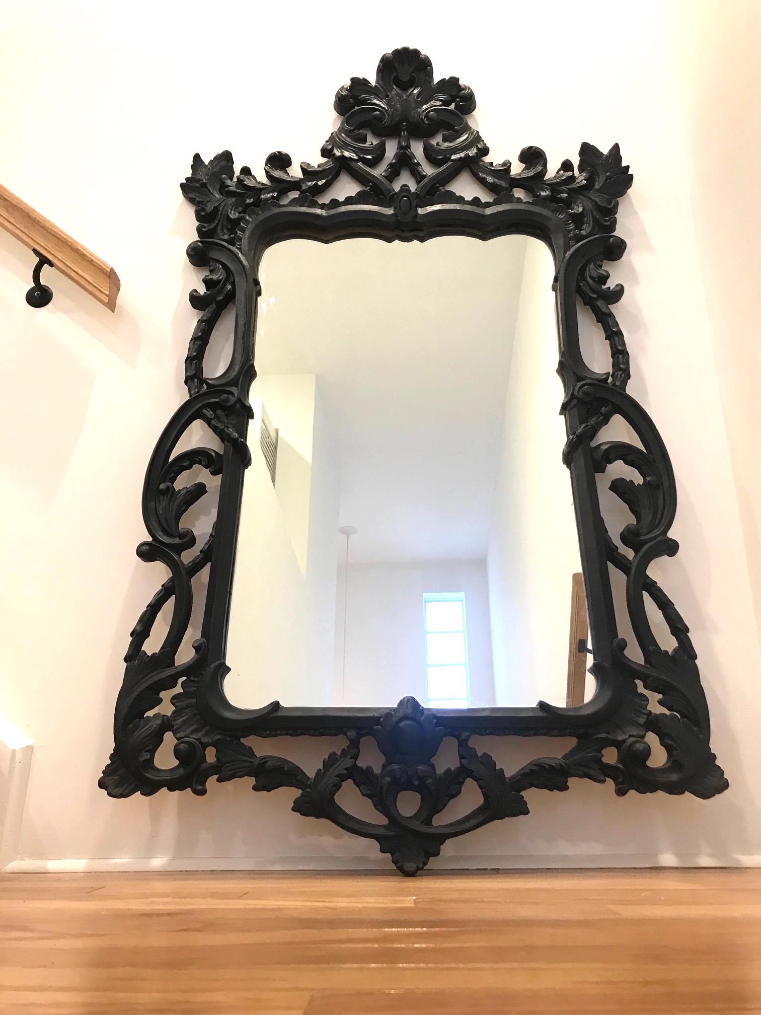 Ebonized Hollywood Regency Rococo Mirror in Black Carved Wood, Italy C. 1970's For Sale