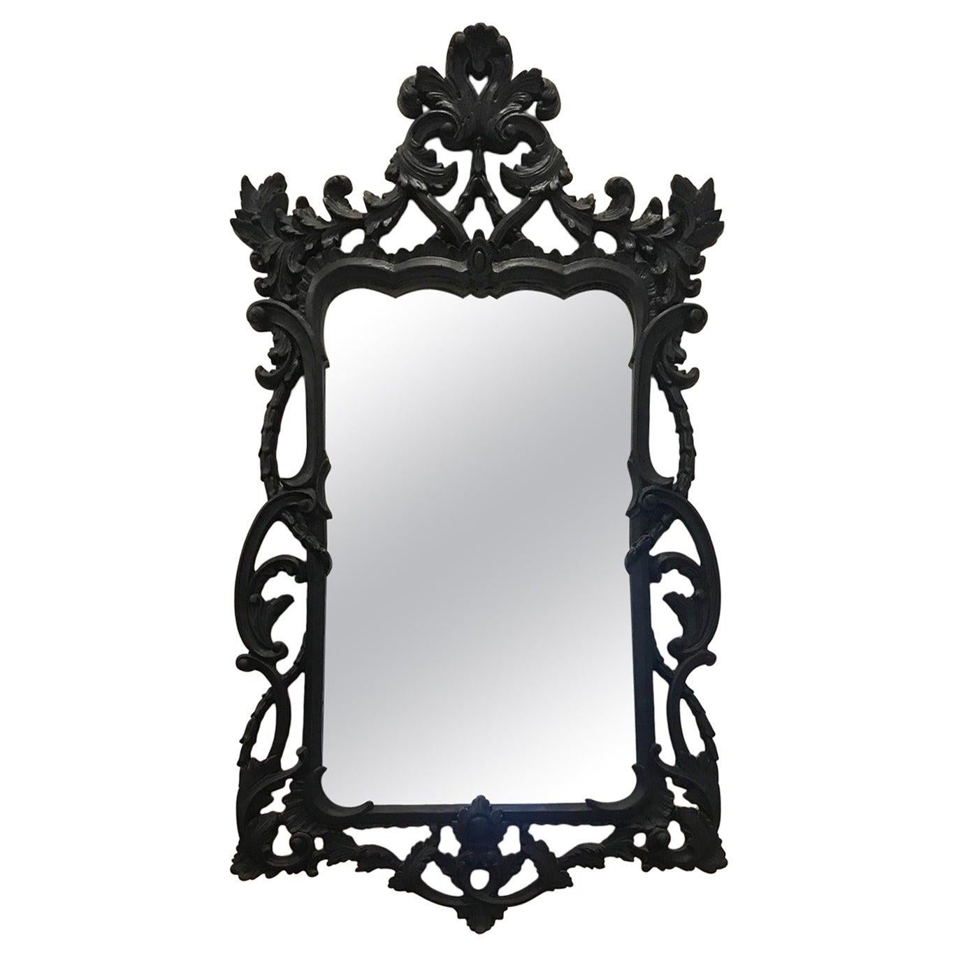 Hollywood Regency Rococo Mirror in Black Carved Wood, Italy C. 1970's