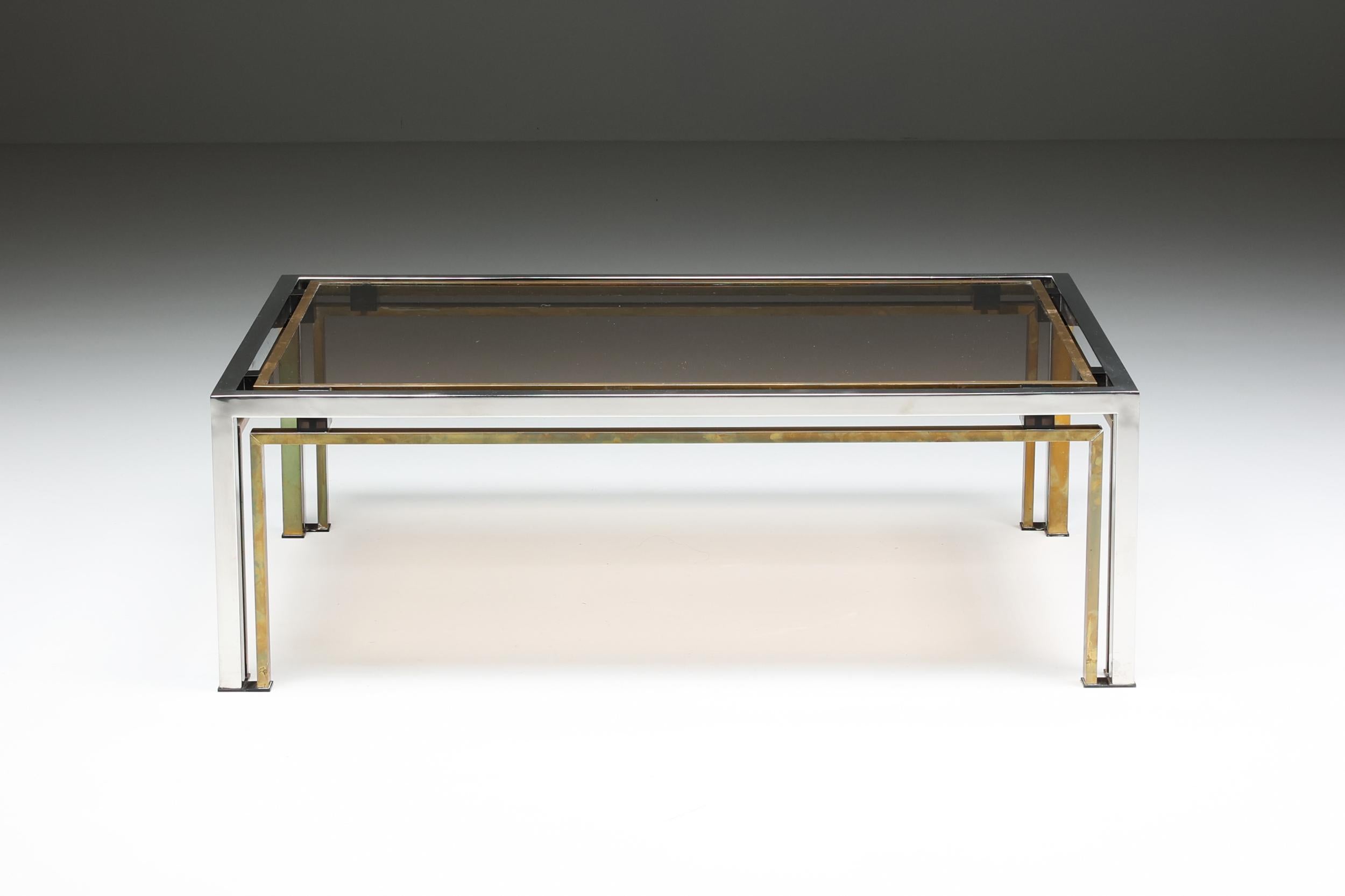 Rome Rega; Italy; Mid-Century Modern; coffee table; Cocktail table; Italian design; 

Mid-Century Modern rectangular shaped coffee/cocktail by Italian designer Rome Rega, Italy, 1970s. The sculptural glass and brass frame are contrasting nicely