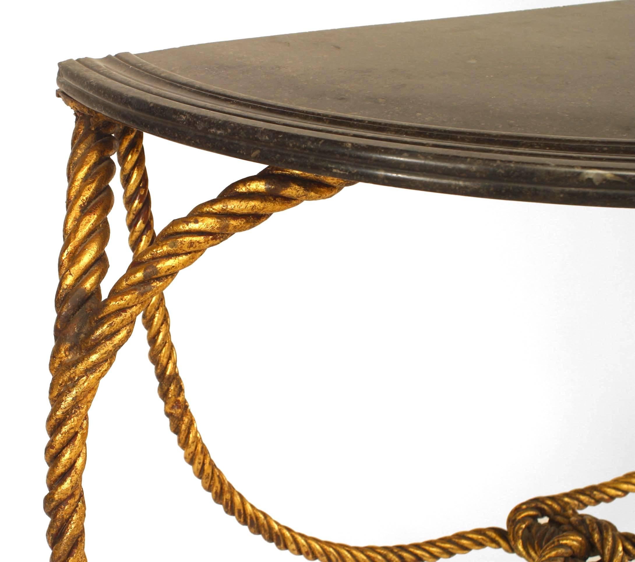 Hollywood Regency (20th Century) rope and tassel design gilt metal half round console table with marble top
