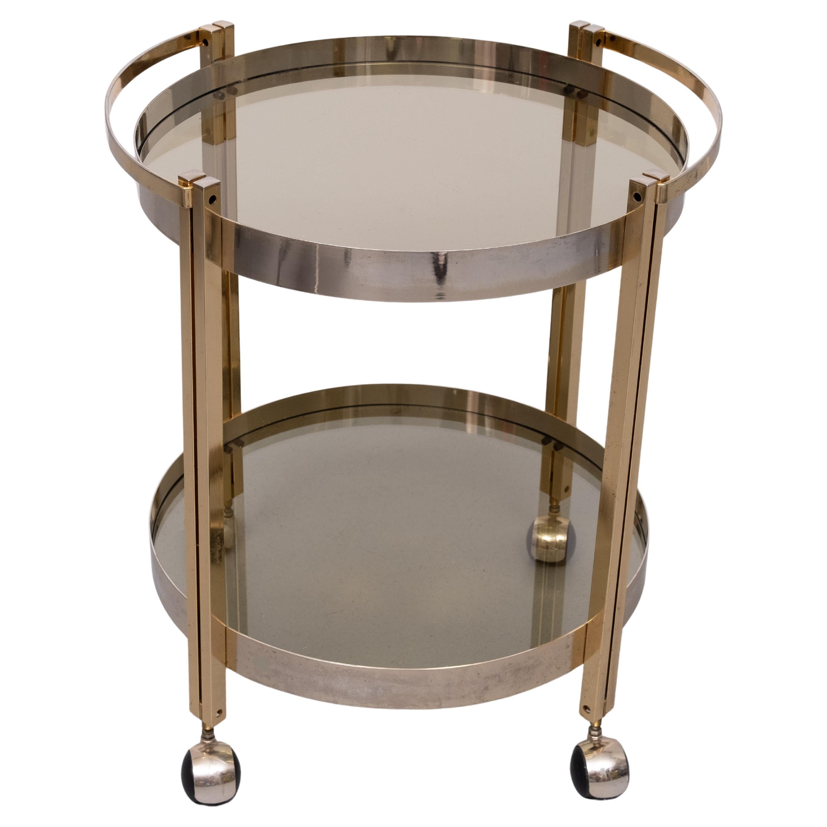 Hollywood Regency round Brass and Nickel Serving trolley  1970s