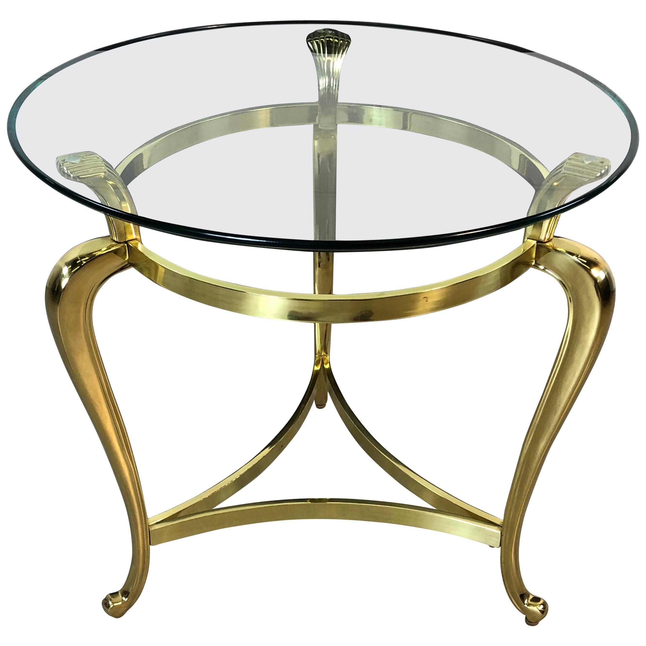 Hollywood Regency Round Brass and Glass Table For Sale
