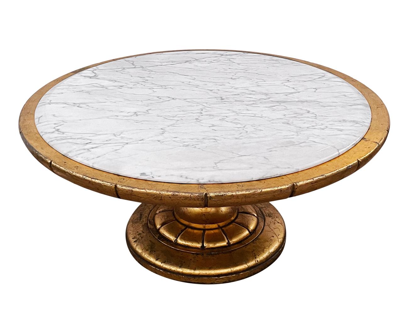 American Hollywood Regency Round Cocktail Table in Gold & Marble in Style of James Mont 
