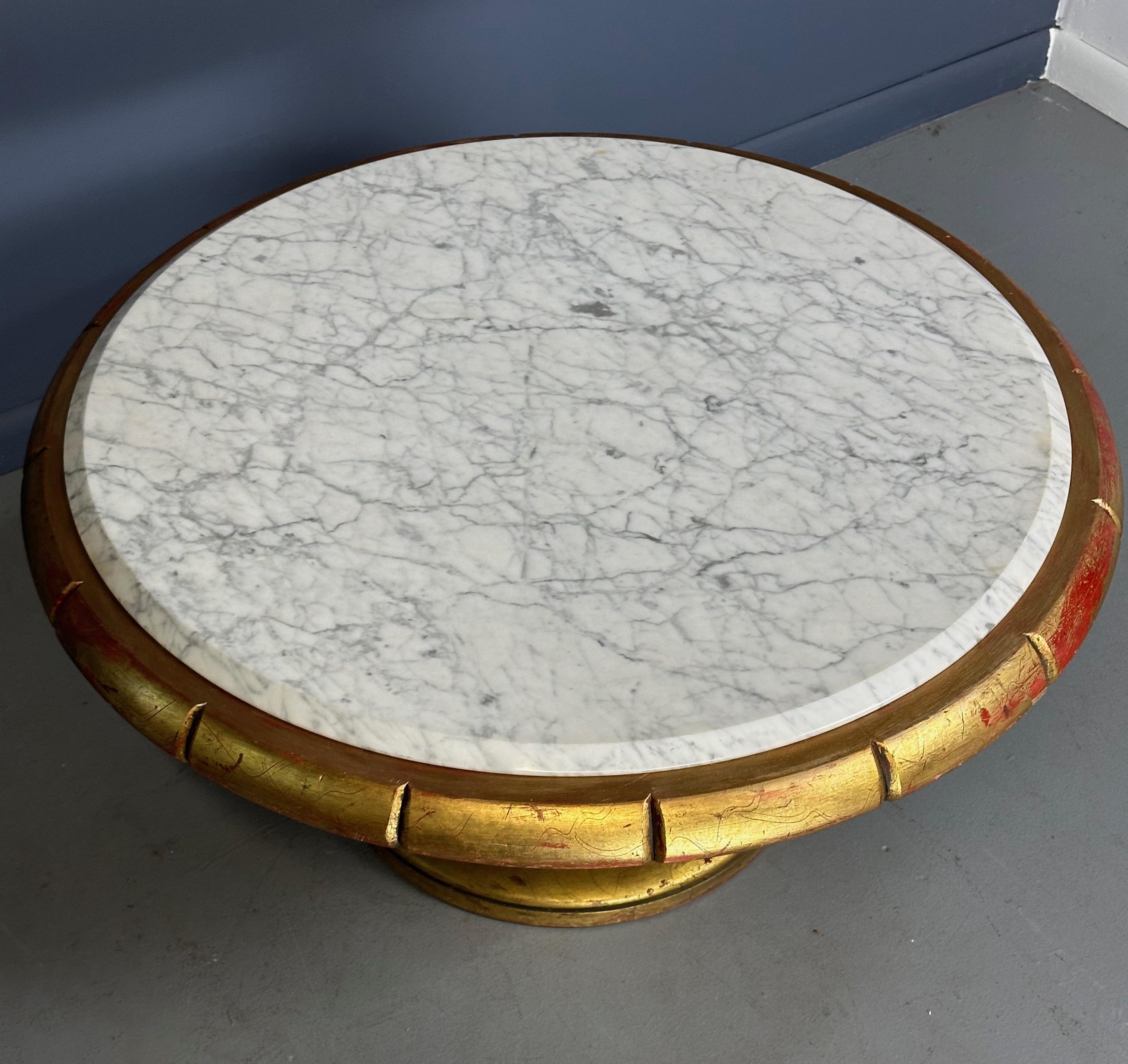 American Hollywood Regency Round Cocktail Table in Gold & Marble in Style of James Mont For Sale