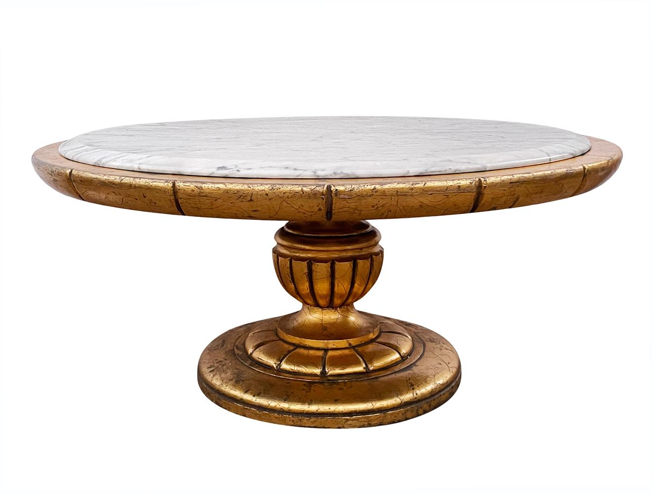 Hollywood Regency Round Cocktail Table in Gold & Marble in Style of James Mont  In Good Condition In Philadelphia, PA