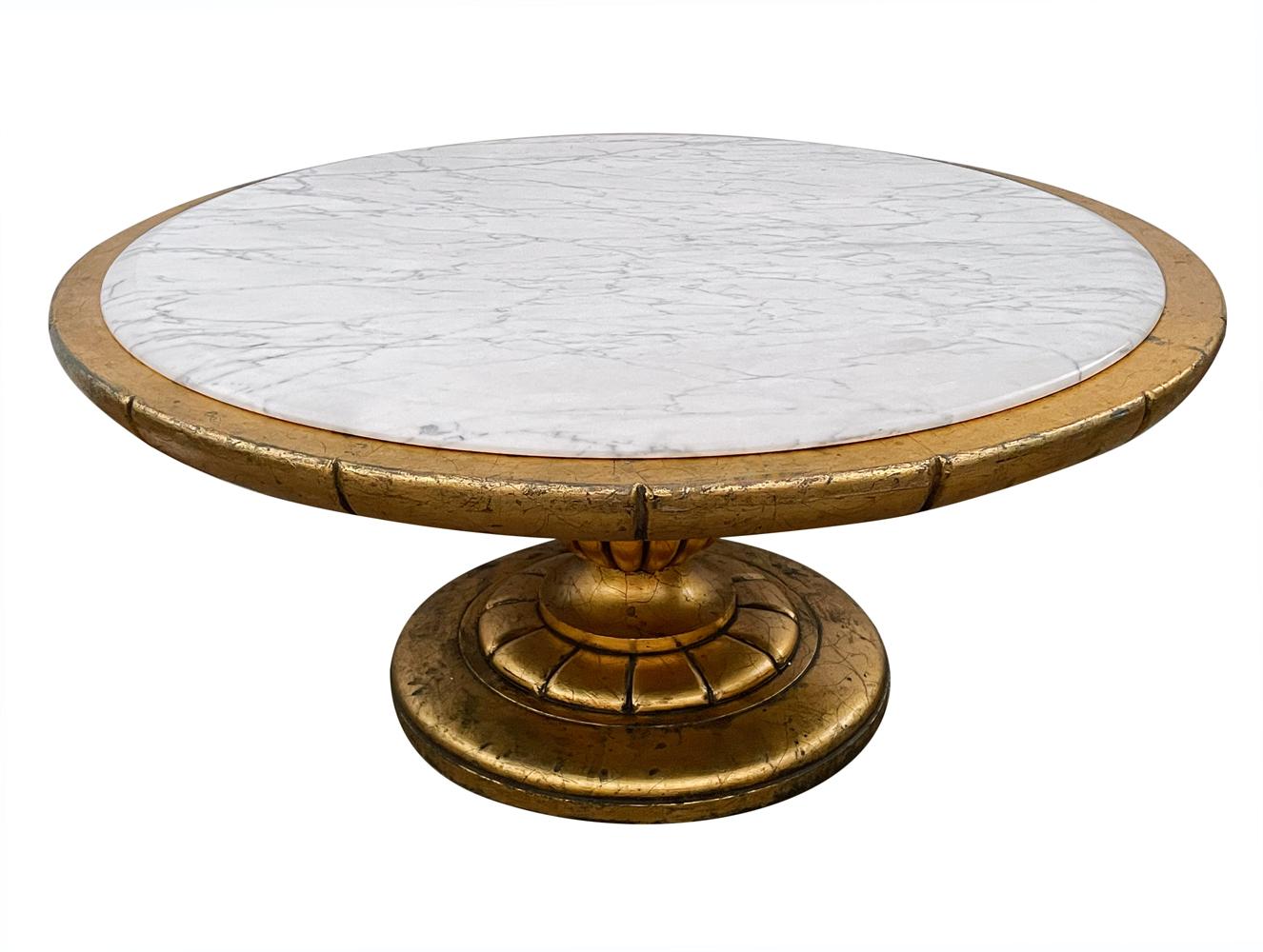 Late 20th Century Hollywood Regency Round Cocktail Table in Gold & Marble in Style of James Mont 