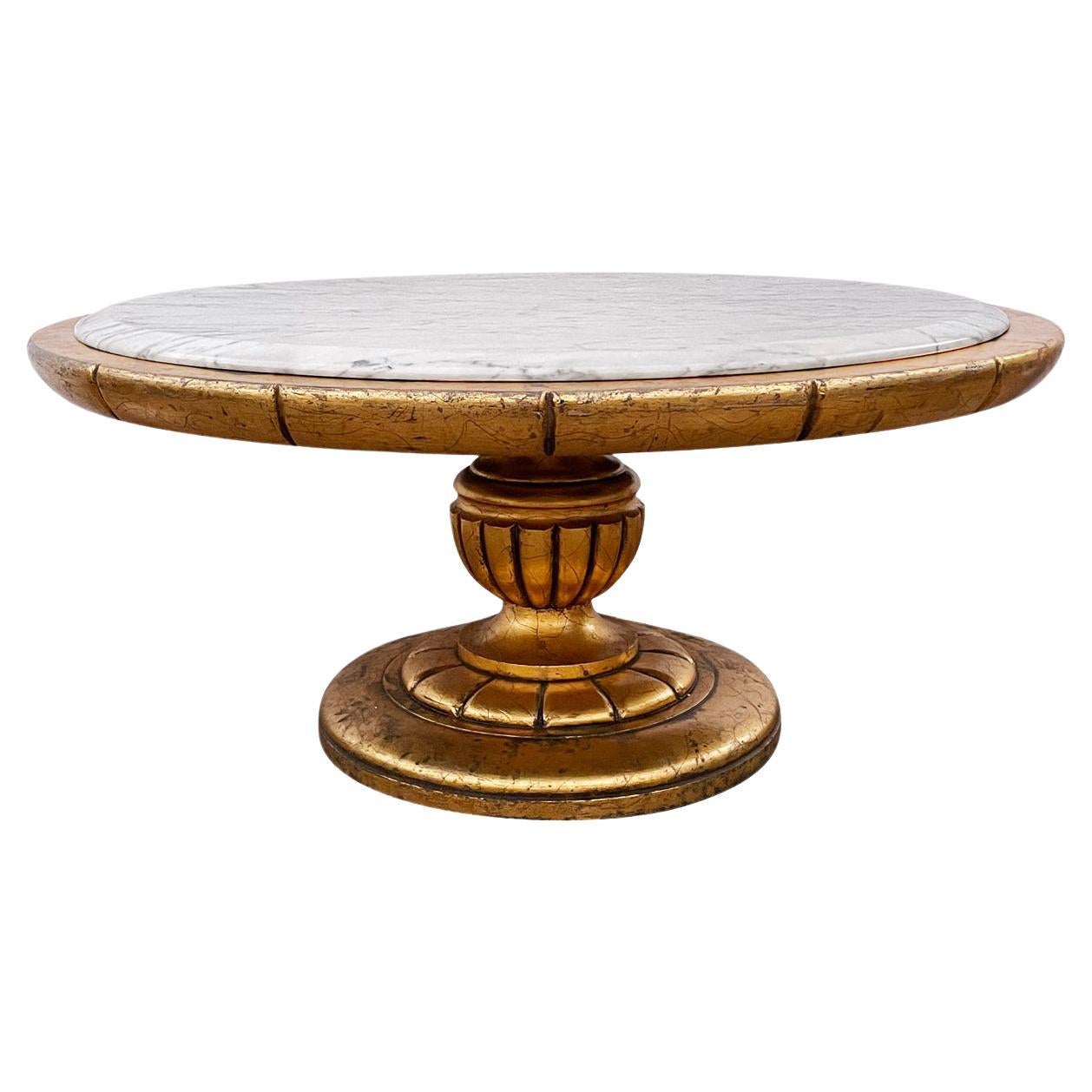 Hollywood Regency Round Cocktail Table in Gold & Marble in Style of James Mont 