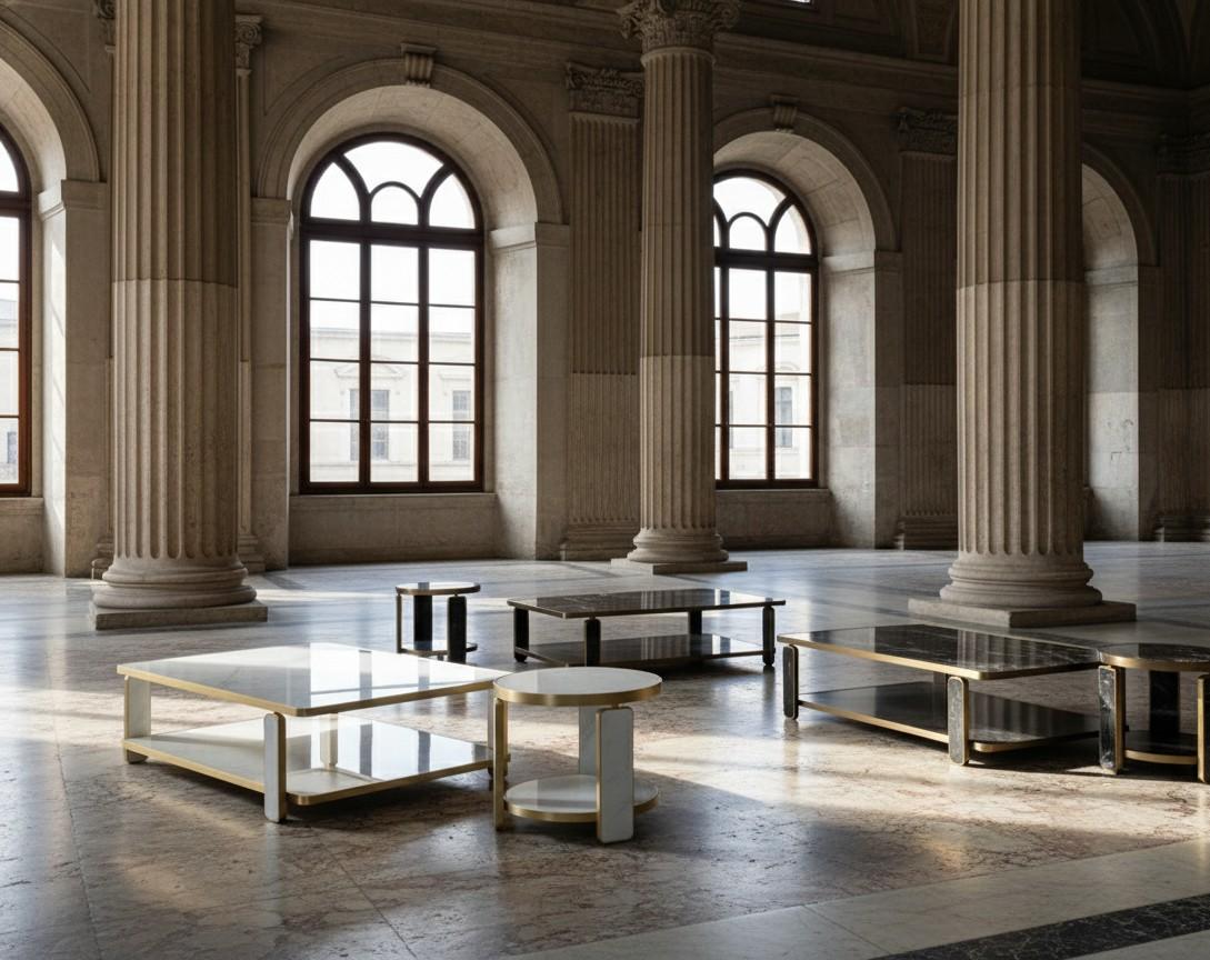 Hollywood Regency Runde Couchtisch In Messing und Marmor von Jose De Castro im Zustand „Neu“ im Angebot in NEW YORK, NY