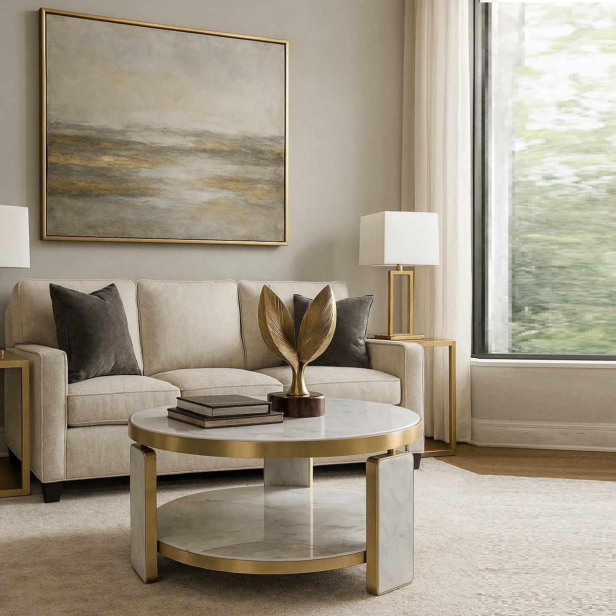 Mesa de centro redonda Hollywood Regency de latón y mármol de Jose De Castro Latón en venta