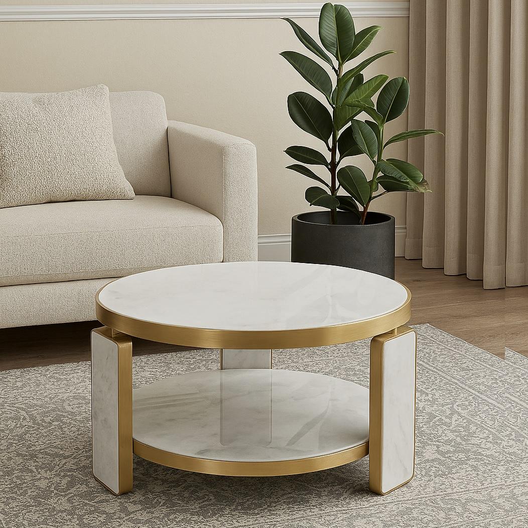 Hollywood Regency Round Coffee Table In Brass and Marble By Jose De Castro For Sale 1