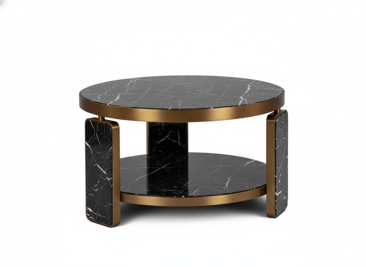 Hollywood Regency Round Coffee Table In Brass and Marble By Jose De Castro