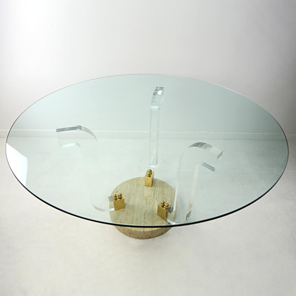 Late 20th Century Hollywood Regency Round Dining Table Marble Foot, Plexiglass and Brass Details