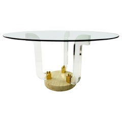 Hollywood Regency Round Dining Table Marble Foot, Plexiglass and Brass Details
