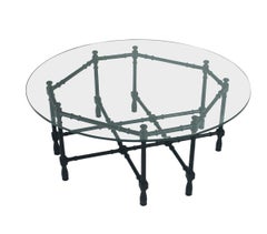 Hollywood Regency Round Faux Bamboo Cocktail in Black Lacquer & Glass