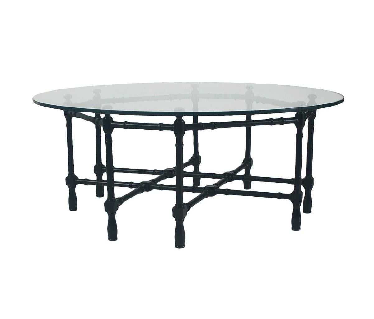 American Hollywood Regency Round Faux Bamboo Cocktail in Black Lacquer & Glass For Sale