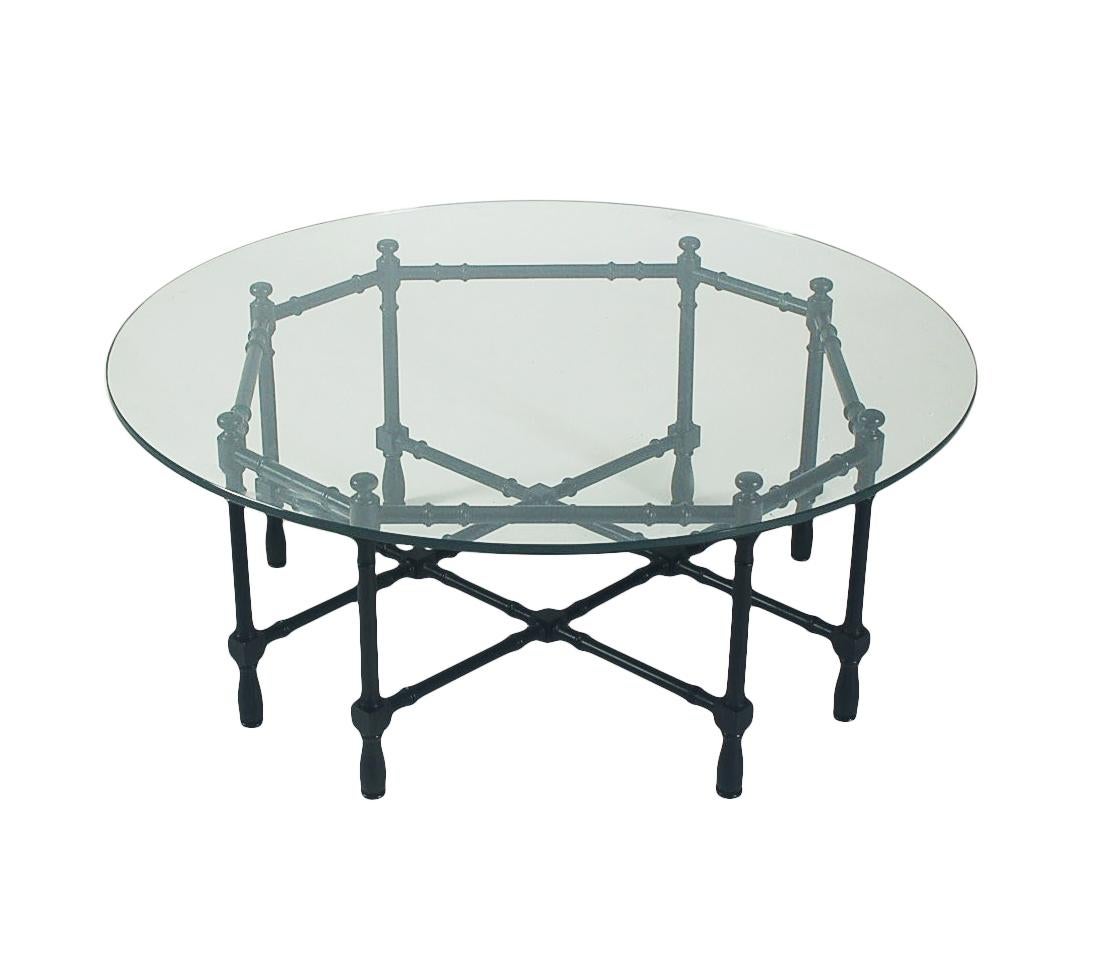 Hollywood Regency Round Faux Bamboo Cocktail in Black Lacquer & Glass In Good Condition For Sale In Philadelphia, PA