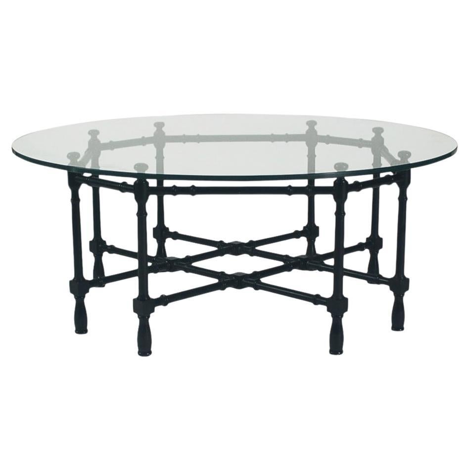 Hollywood Regency Round Faux Bamboo Cocktail in Black Lacquer & Glass For Sale