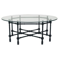 Hollywood Regency Round Faux Bamboo Cocktail in Black Lacquer & Glass