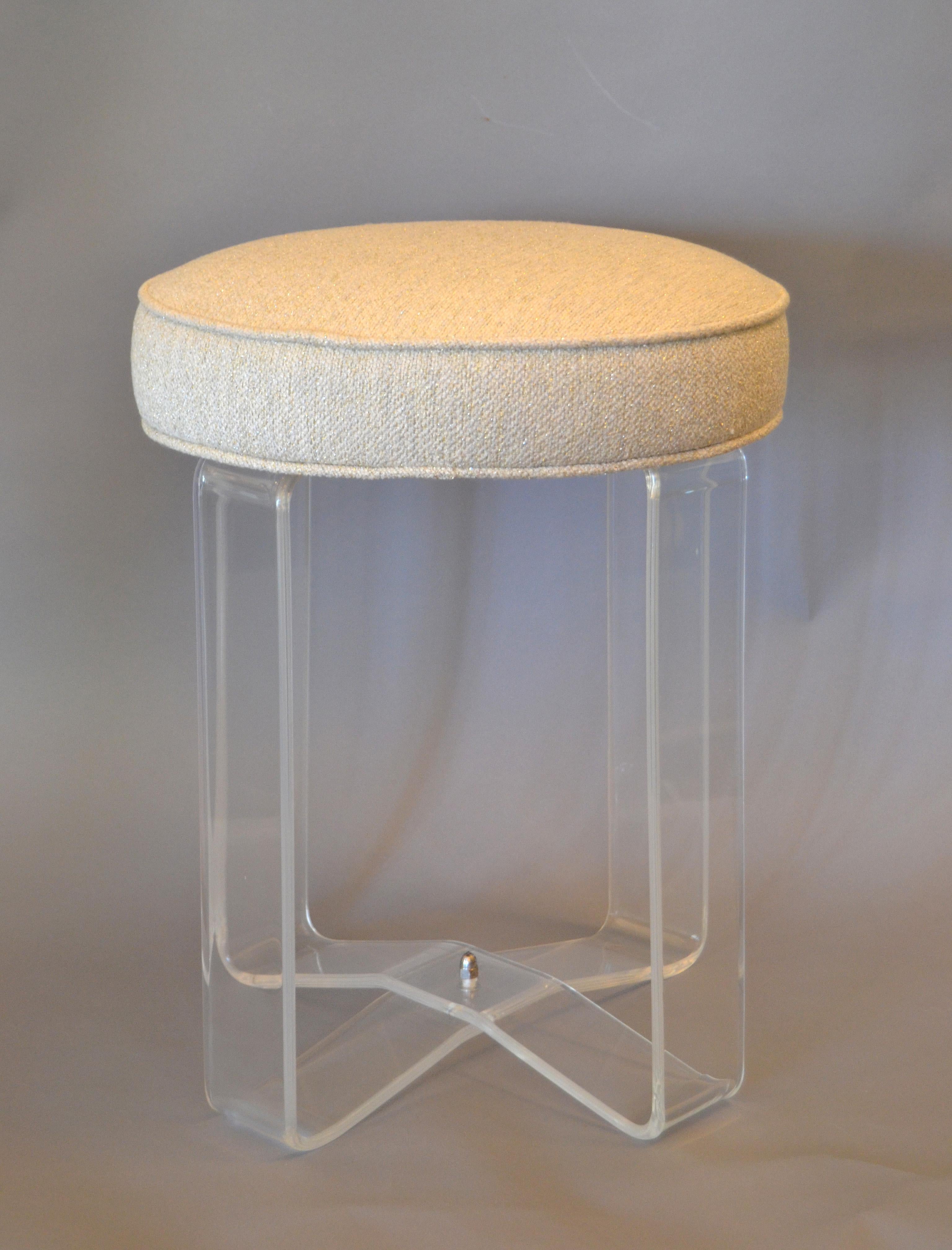 Hollywood Regency Round Lucite Stool Crissed-Cross Legs and Fabric Seat 5