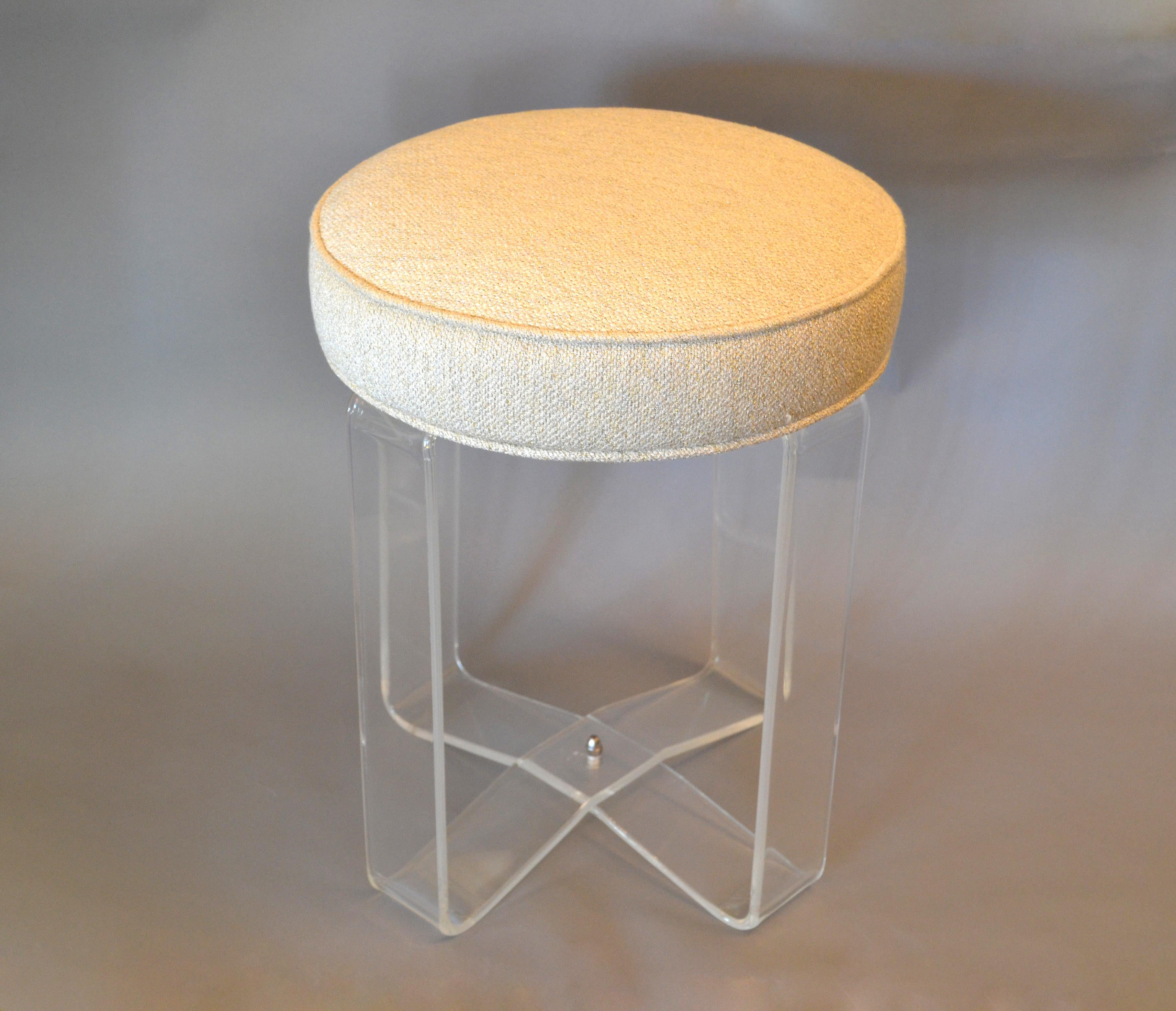 American Hollywood Regency Round Lucite Stool Crissed-Cross Legs and Fabric Seat