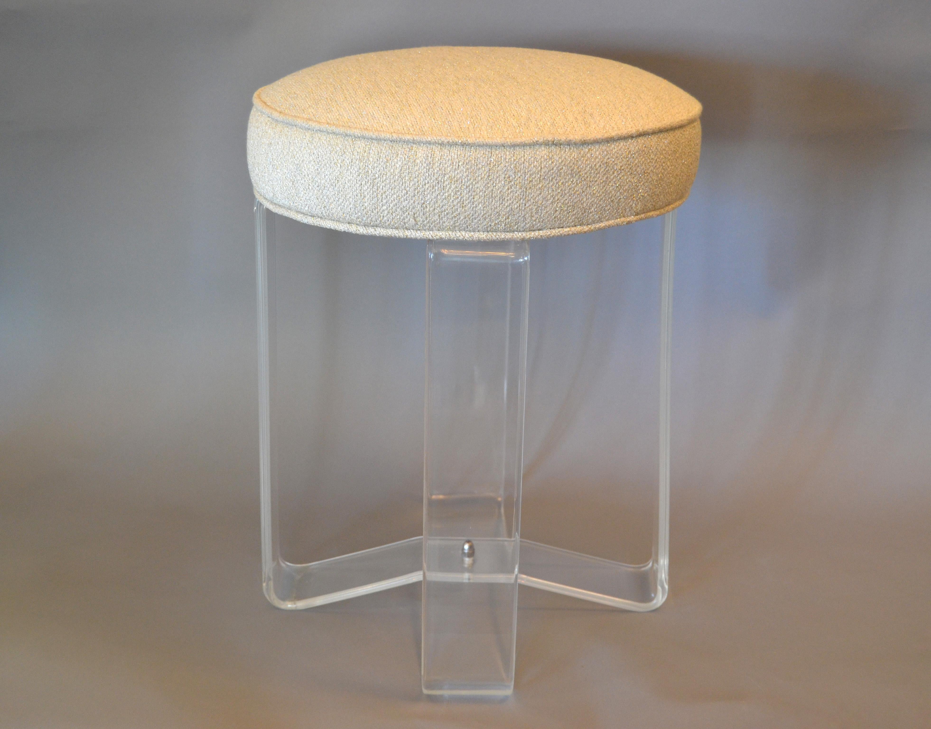 20th Century Hollywood Regency Round Lucite Stool Crissed-Cross Legs and Fabric Seat