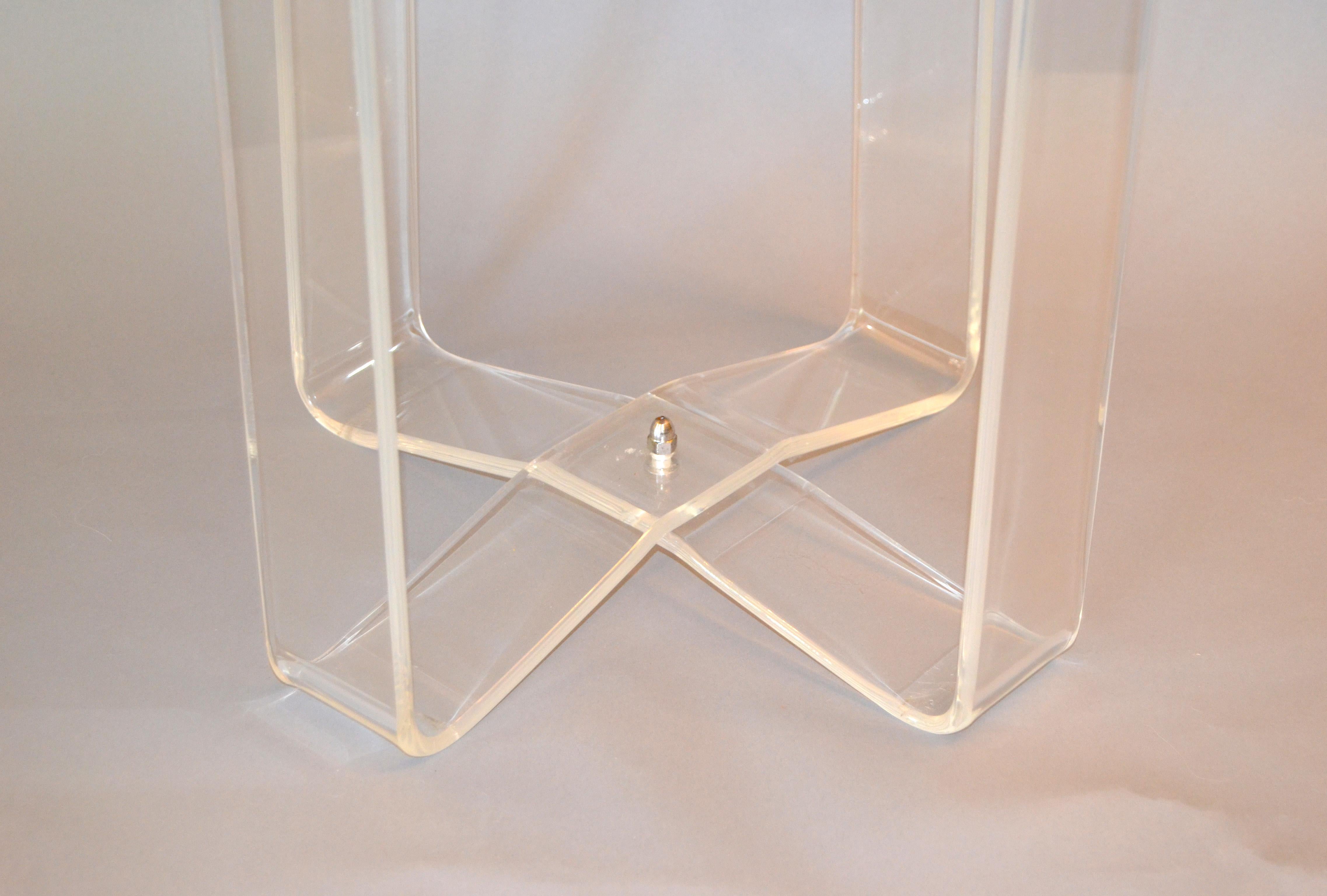 Hollywood Regency Round Lucite Stool Crissed-Cross Legs and Fabric Seat 3