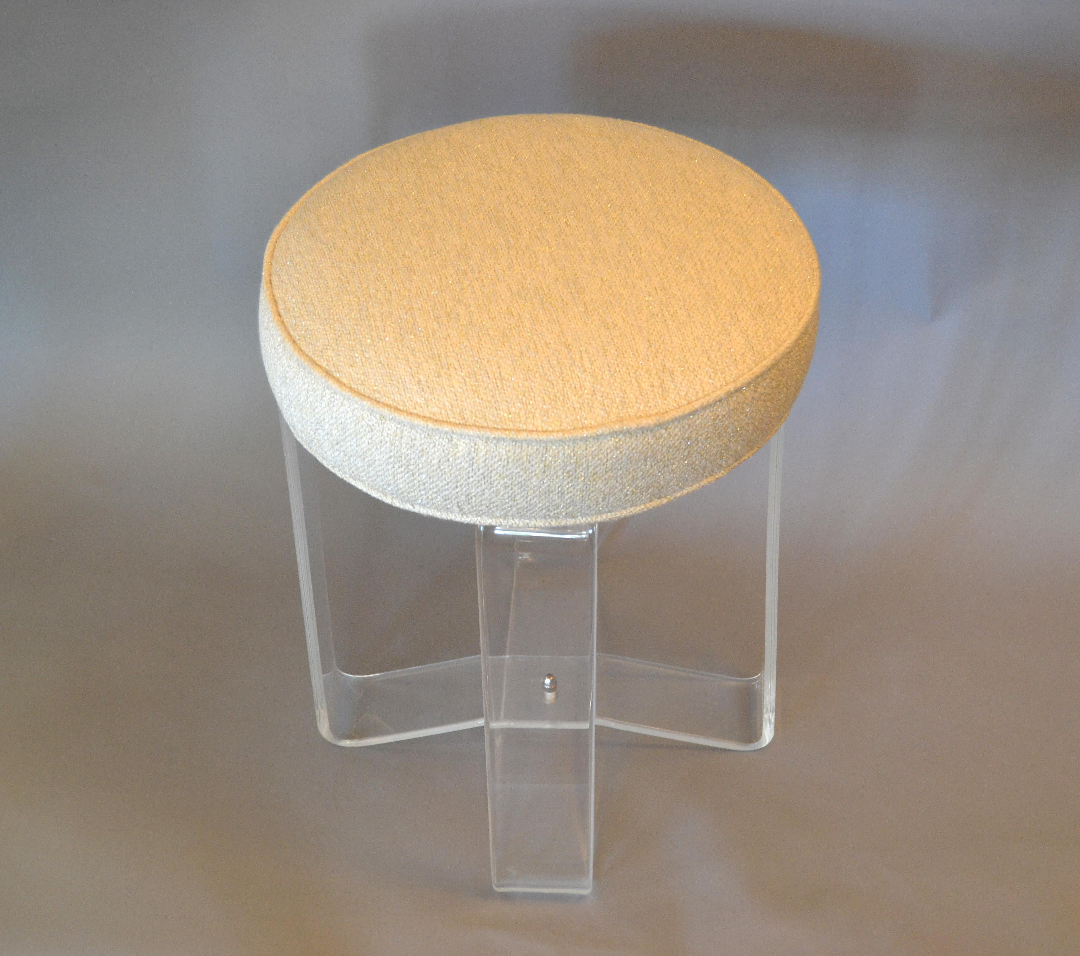 Hollywood Regency Round Lucite Stool Crissed-Cross Legs and Fabric Seat 4