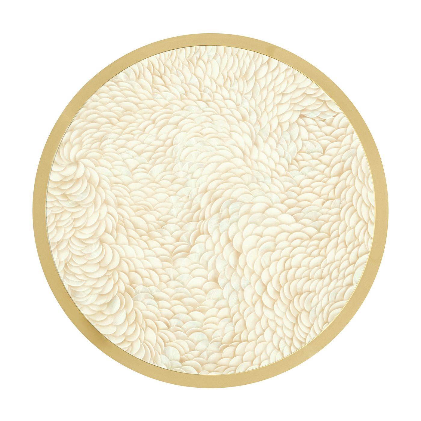 Bring timeless glamour to center stage with its luxurious materials and refined detailing. The hand-painted and polished tabletop features a swirling, feather-like pattern that adds organic elegance and visual depth to its sculptural