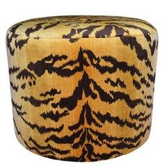 Hollywood Regency Round Tiger Print Velvet Upholstered Ottoman or Foot Stool
