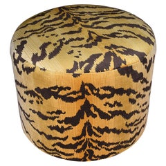 Hollywood Regency Round Tiger Print Velvet Upholstered Ottoman or Foot Stool