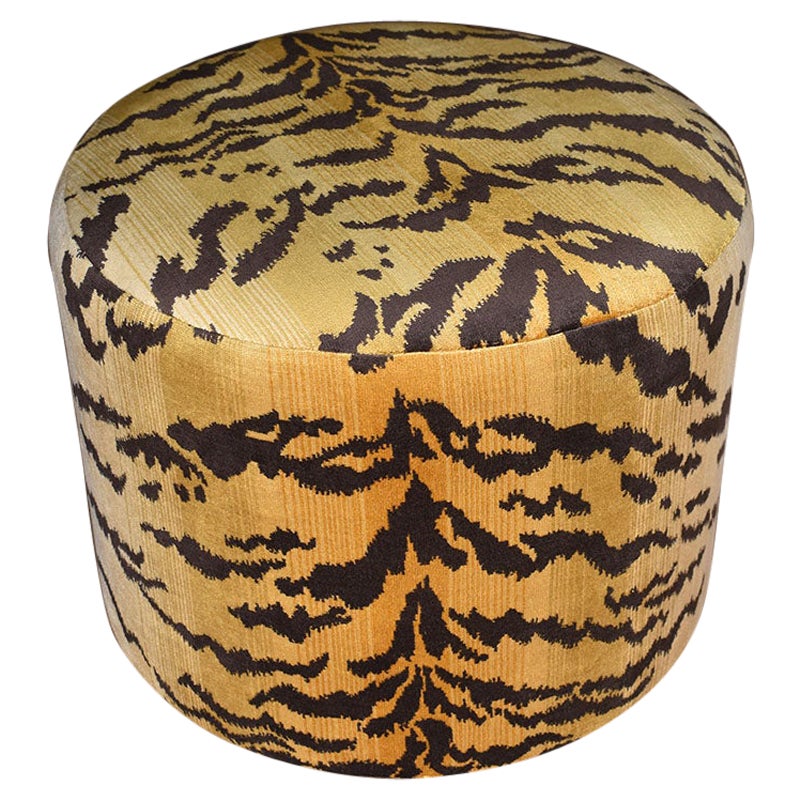 Hollywood Regency Round Tiger Print Velvet Upholstered Ottoman or Foot Stool