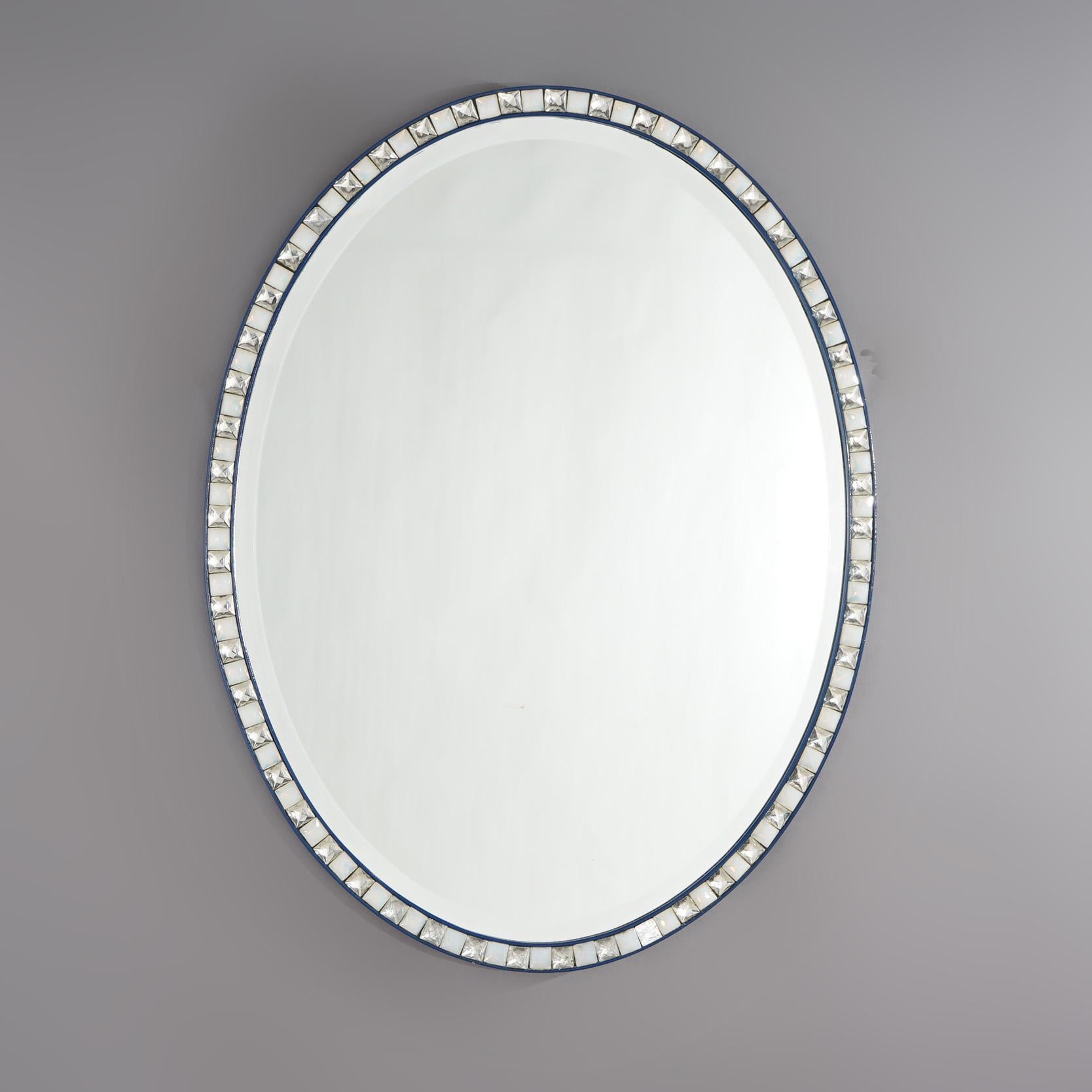 Hollywood Regency Sapphire & Jeweled Oval Wall Mirror 20thC In Good Condition For Sale In Big Flats, NY