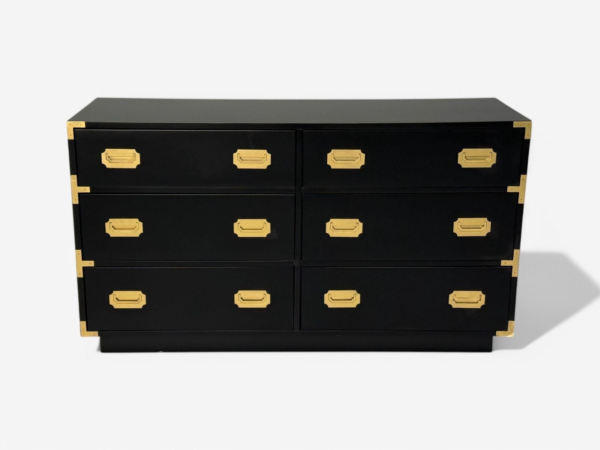 American Hollywood Regency, Satin Black Wood, Brass, Campaign Dresser USA, 1970s For Sale