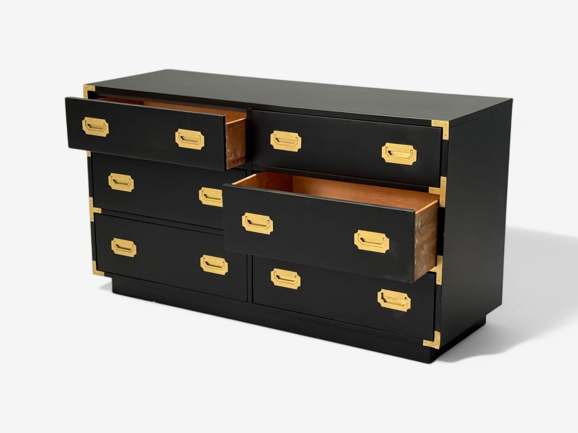 Hollywood Regency, Satin Black Wood, Brass, Campaign Dresser USA, 1970s For Sale 2