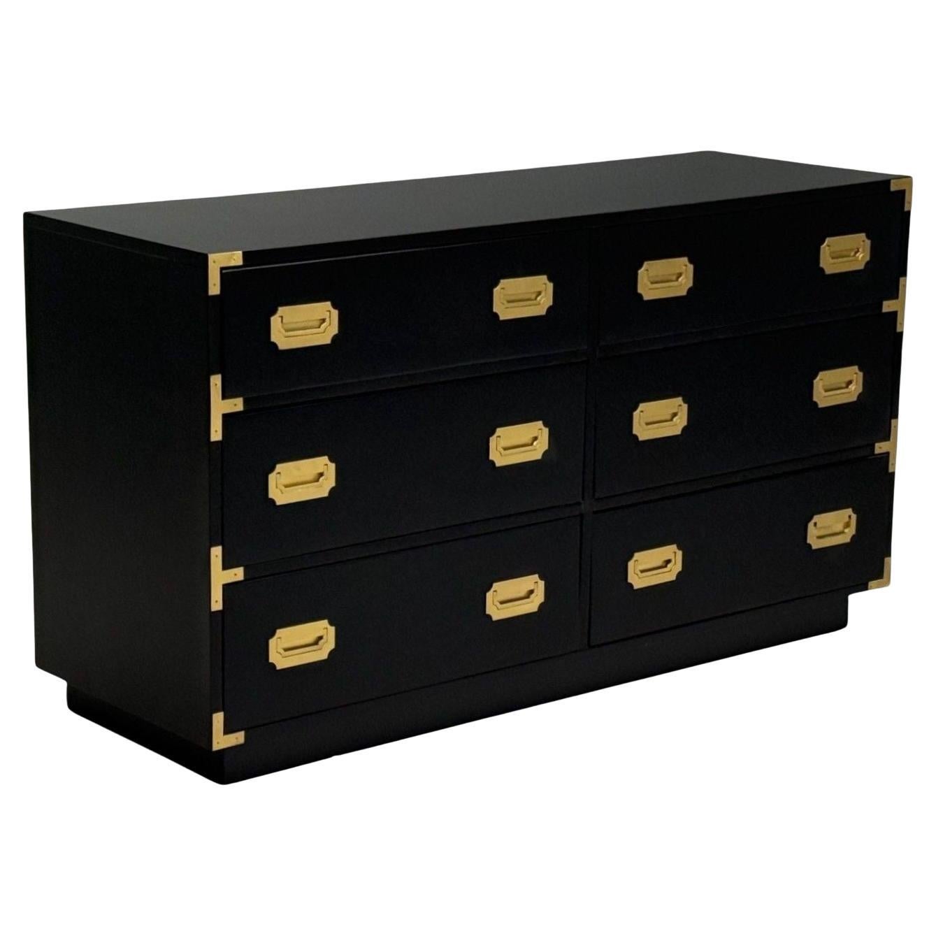Hollywood Regency, Satin Black Wood, Brass, Campaign Dresser USA, 1970s