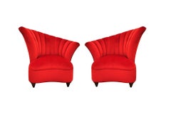 Hollywood Regency Scalloped Asymmetrical Red Velvet Chairs